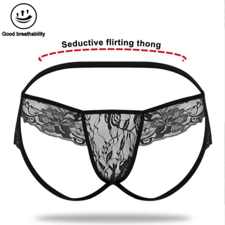 FANDY Men's Fashionable Alluring Rose Lace Crotchless Backless Sexy Underwear